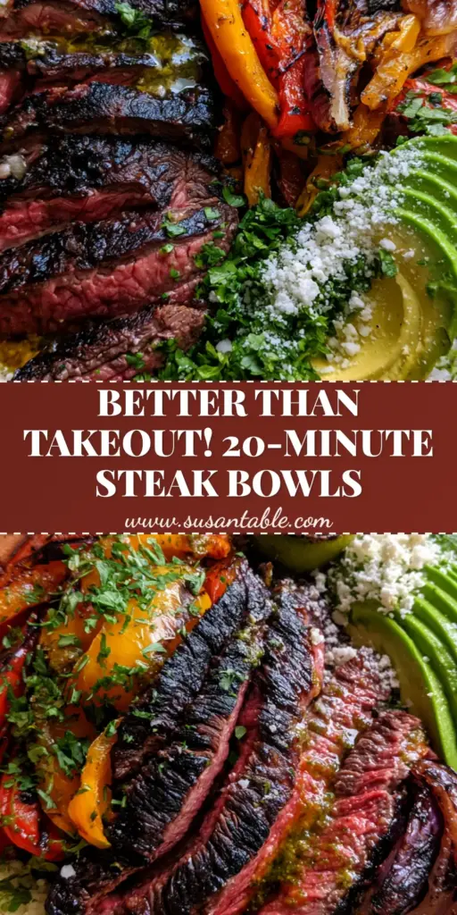 A vibrant steak fajita bowl with medium-rare skirt steak, charred peppers, and avocado in a terracotta bowl.