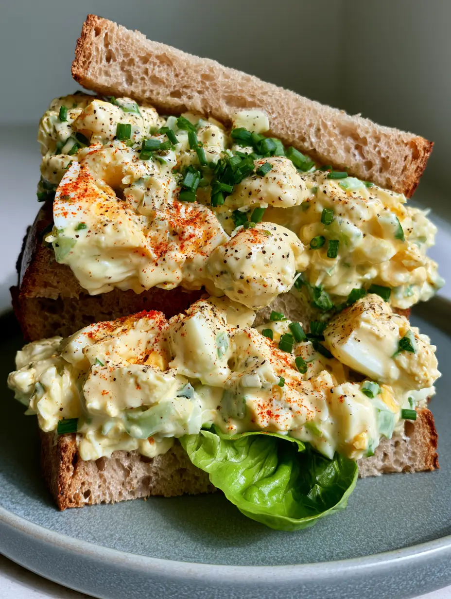 Macro photo of chunky egg salad sandwich filling with jammy yolks and fresh herbs. (egg salad sandwich)