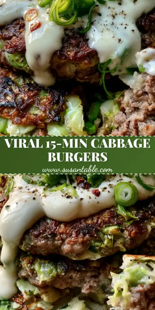 A tall stack of two seared cabbage burgers drizzled with white garlic sauce and topped with green onions and chili flakes.