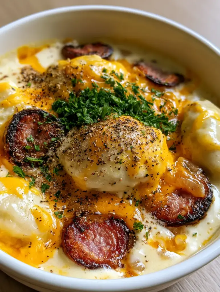 Crockpot Pierogi Casserole: The Ultimate Cheesy Comfort Food Recipe 1 Detailed view of seared kielbasa with charred edges and cracked black pepper on a Crockpot Pierogi Casserole.