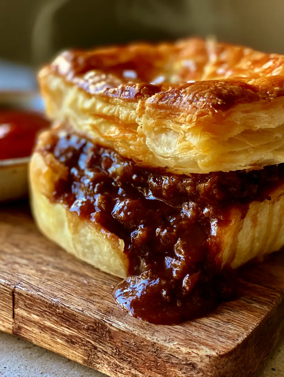 Australian Meat Pie: The Ultimate Guide to a Gourmet Bakery-Style Classic 3 A cross-section of a gourmet Australian meat pie showing the thick minced beef gravy and two types of pastry.