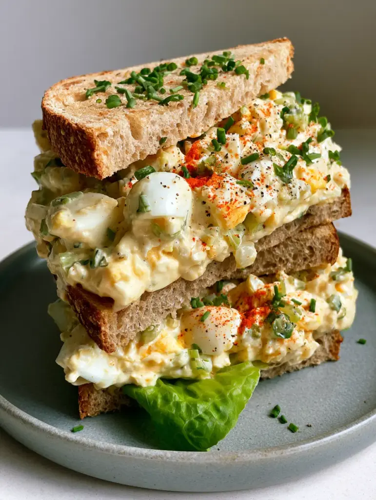 A stacked egg salad sandwich sliced diagonally on a grey ceramic plate in morning light. (egg salad sandwich)