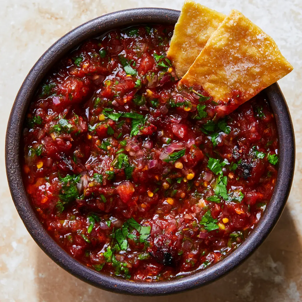 Rustic charcoal bowl filled with blender salsa and salt-dusted corn tortilla chips.