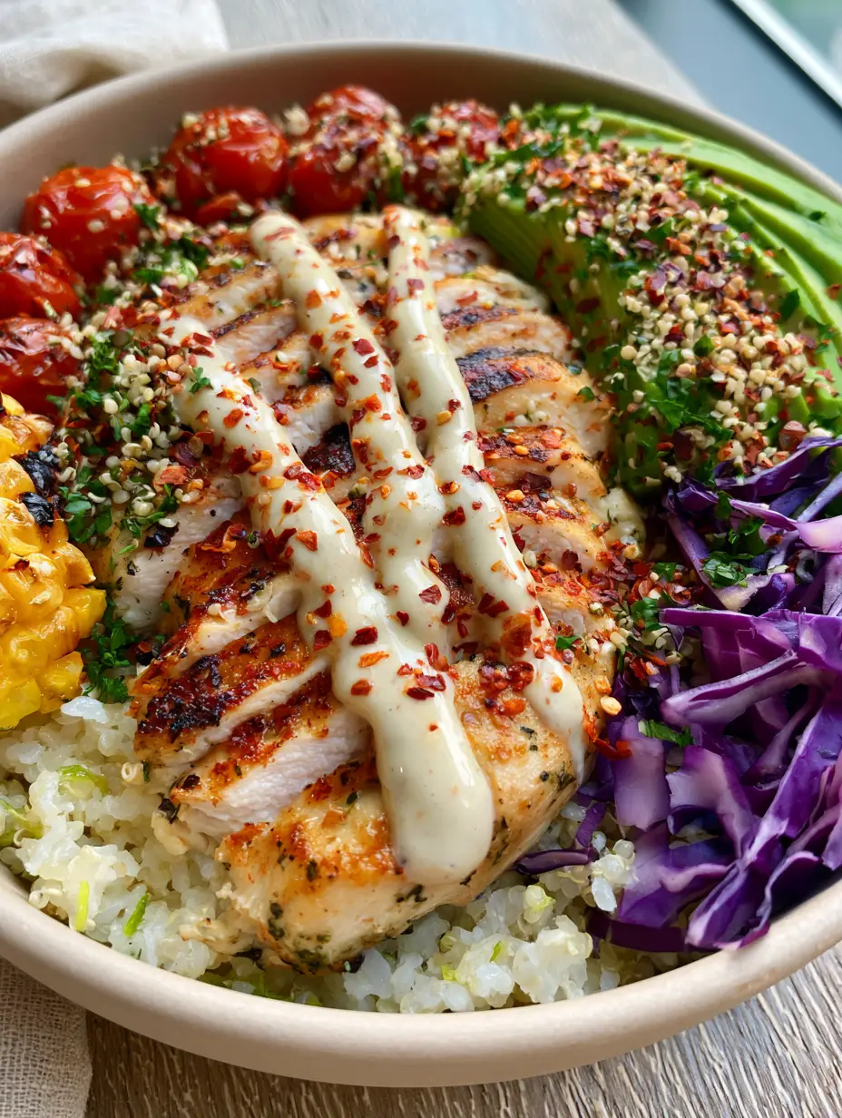 Healthy dinner ideas: The Ultimate Lemon-Herb Chicken and Tahini Grain Bowl 4 High-angle view of a matte ceramic bowl filled with seared chicken breast, lime-zest rice, and colorful vegetables. (Healthy dinner ideas)