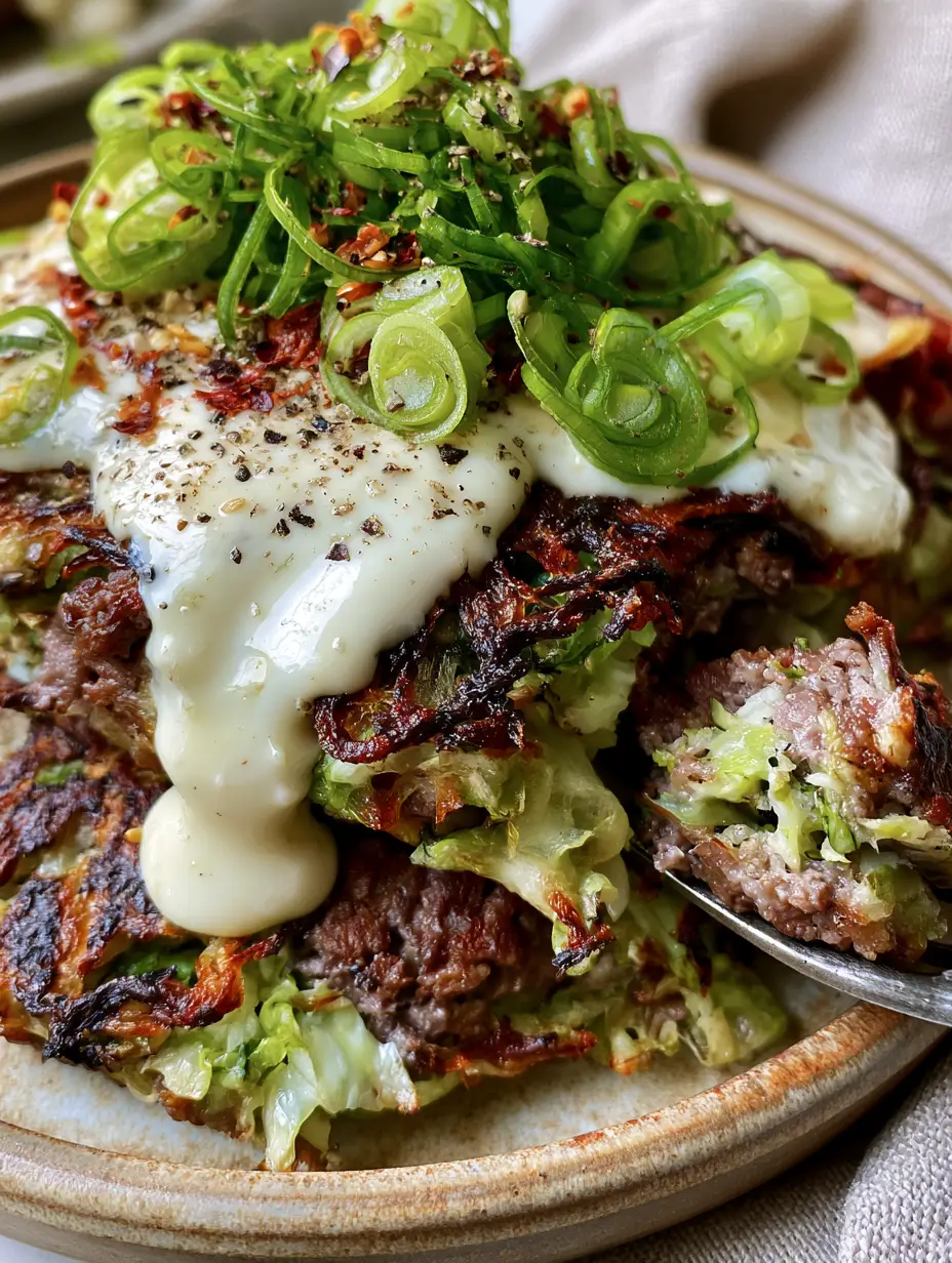Close-up of thick cabbage burgers showing charred lacy edges and creamy garlic sauce cascade. (cabbage burgers)