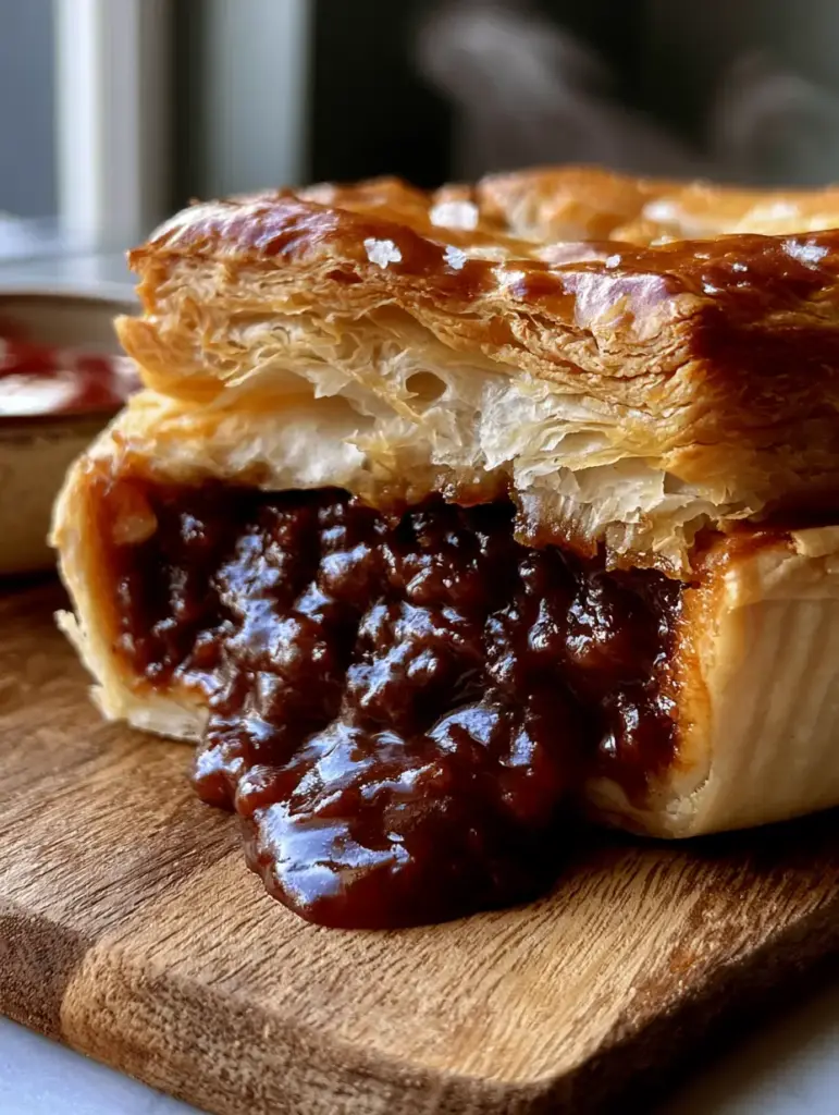 Australian Meat Pie: The Ultimate Guide to a Gourmet Bakery-Style Classic 1 Top view of golden-brown puff pastry lid with sea salt flakes on an Australian meat pie.