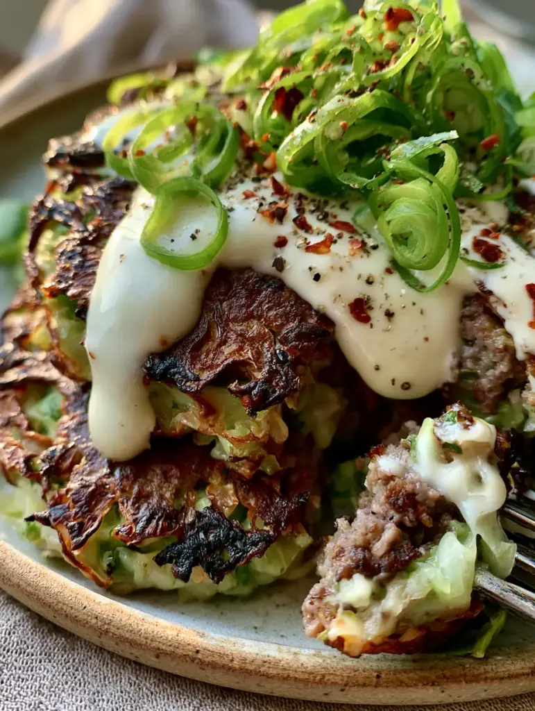 A fork breaking off a piece of a juicy, steaming cabbage burger on a ceramic plate.