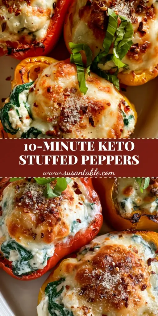 Spinach and Ricotta Stuffed Peppers: The Ultimate Creamy Vegetarian Dinner 3 A close-up of three vibrant red and yellow bell pepper halves stuffed with creamy ricotta and spinach, topped with bubbly mozzarella and fresh basil ribbons. (Spinach and Ricotta Stuffed Peppers)