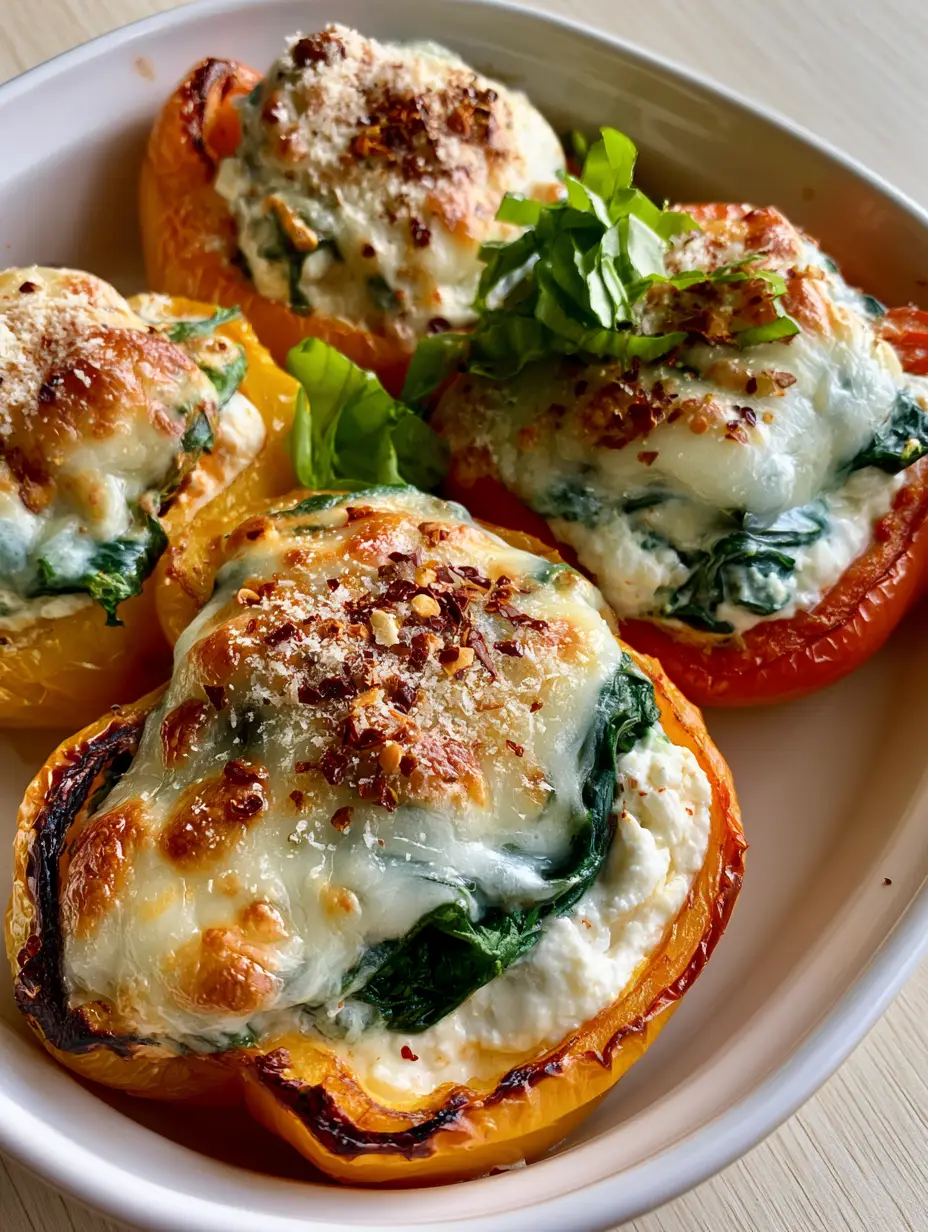 Spinach and Ricotta Stuffed Peppers: The Ultimate Creamy Vegetarian Dinner 4 Top-down view of roasted red and yellow peppers filled with ricotta and spinach in a white ceramic dish. (Spinach and Ricotta Stuffed Peppers)