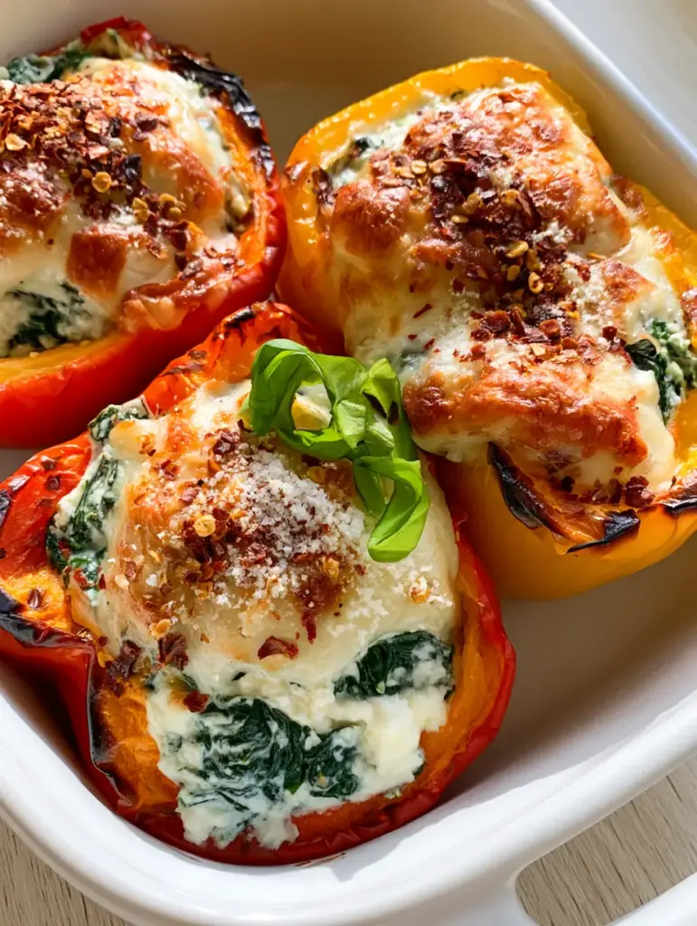 Spinach and Ricotta Stuffed Peppers: The Ultimate Creamy Vegetarian Dinner 1 Close-up of toasted golden mozzarella spots on Spinach and Ricotta Stuffed Peppers garnished with red pepper flakes and basil.