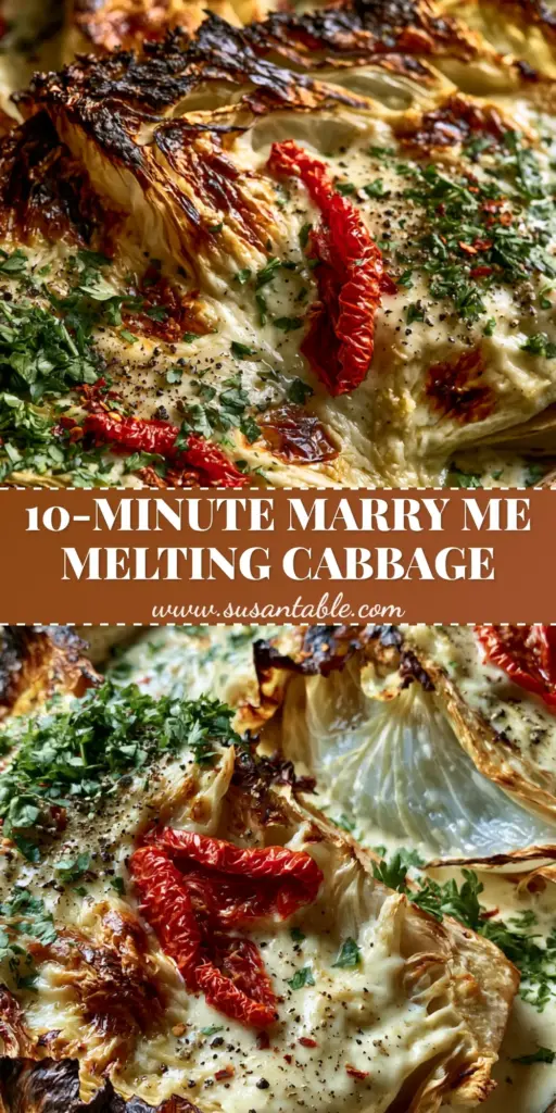 A close-up shot of marry me melting cabbage wedges with a golden parmesan crust and sun-dried tomatoes on a sheet pan.