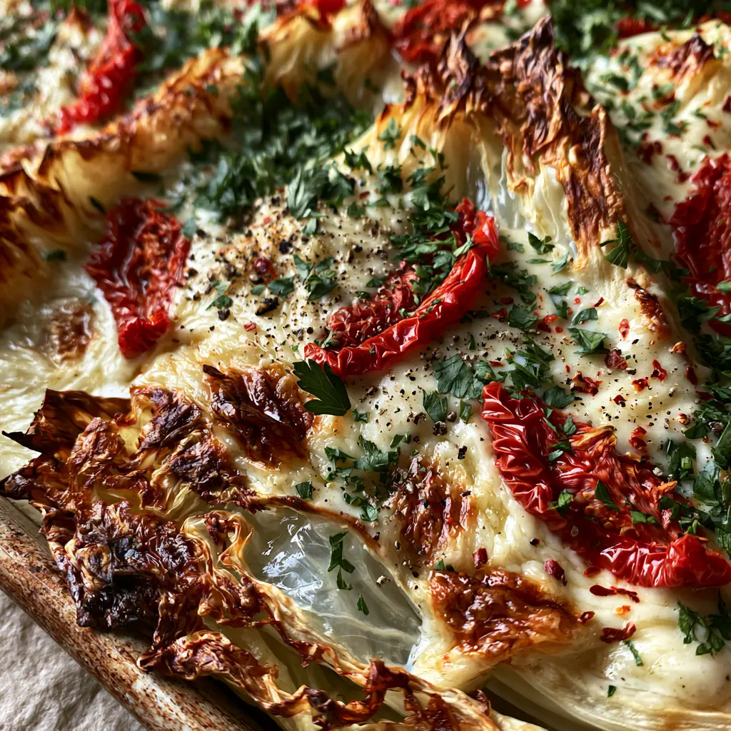 Overhead view of marry me melting cabbage garnished with red pepper flakes and fresh parsley.