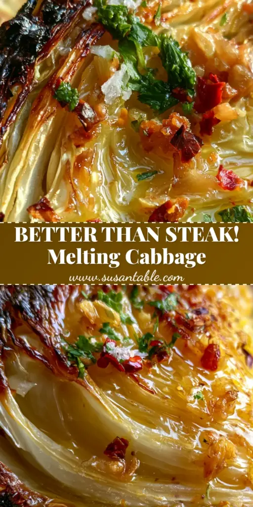 A thick roasted green cabbage wedge with charred edges drenched in glossy garlic butter sauce on a slate plate. (garlic butter melting cabbage)