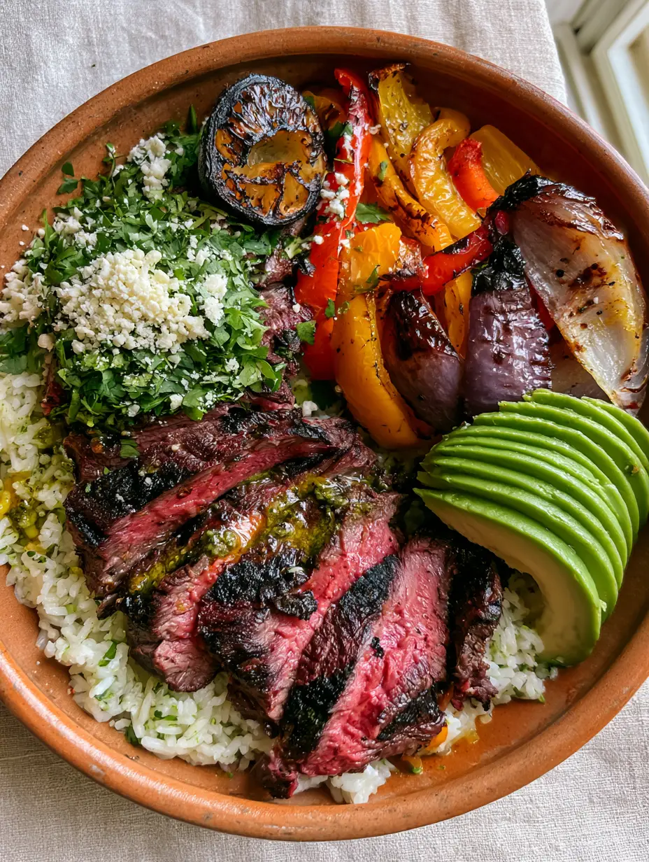 High-angle view of a steak fajita bowl showing heavy char marks on steak and blistered vegetables.
