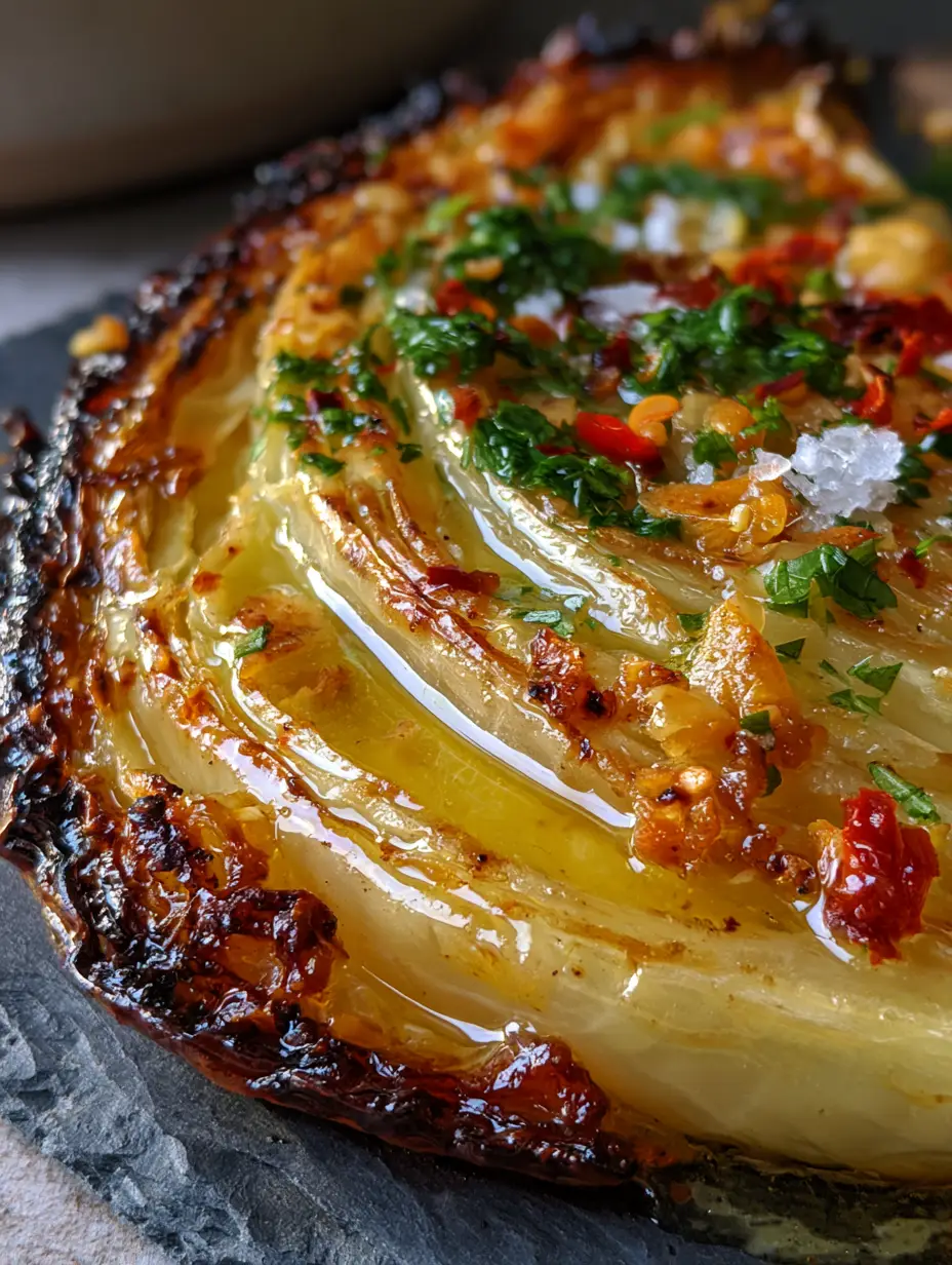Macro shot of garlic butter melting cabbage showing translucent inner leaves and fried garlic bits. (garlic butter melting cabbage)