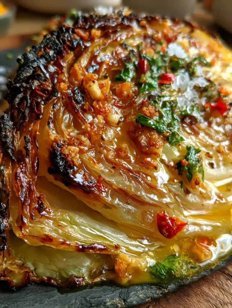 Close up of charred cabbage edges and melting butter with red chili flakes. (garlic butter melting cabbage)