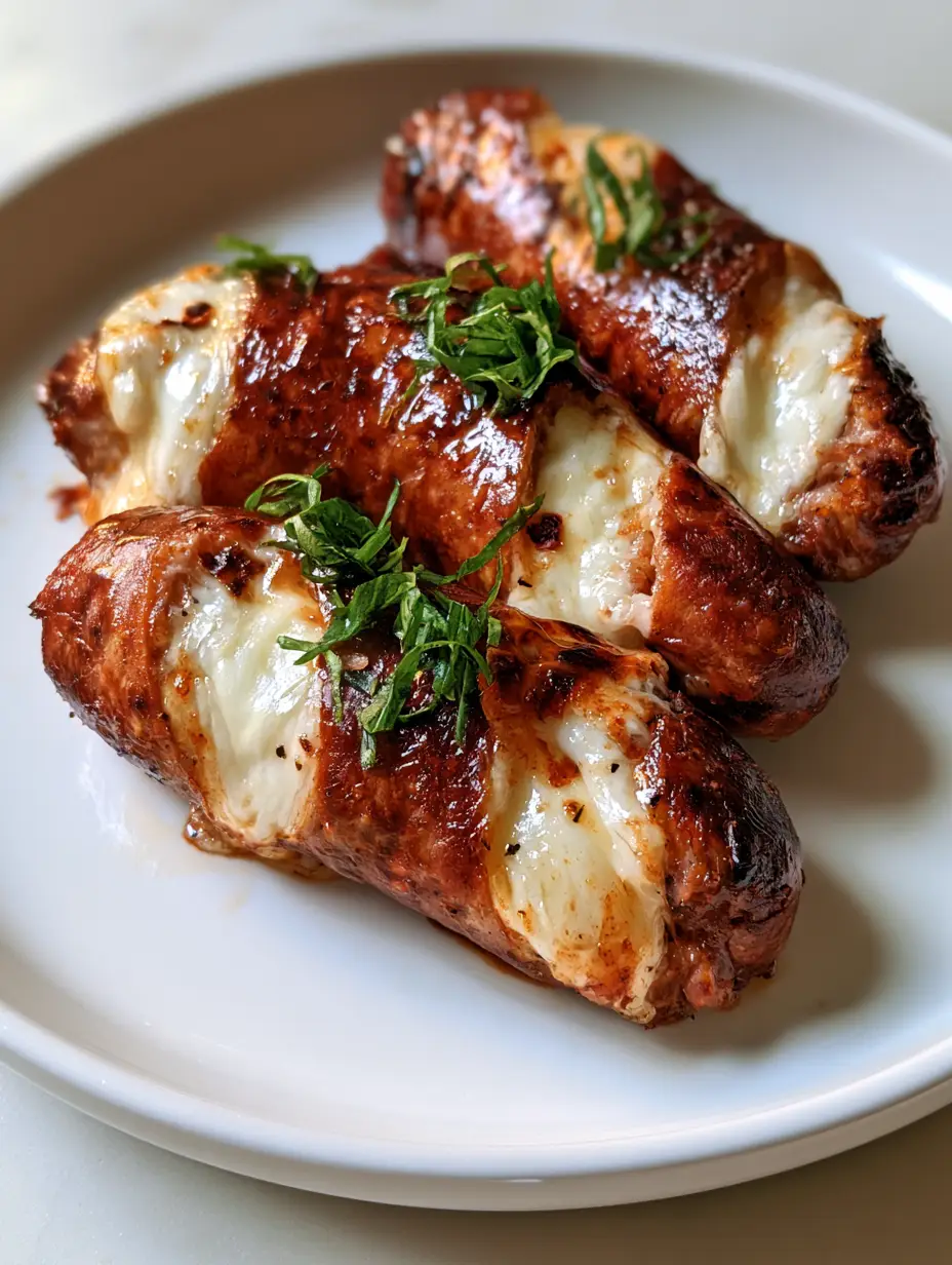 Stuffed Italian Sausage with Molten Mozzarella and Fresh Basil 3 Four plump Stuffed Italian sausages arranged on a white ceramic plate, showing a thick molten core of bubbling mozzarella.