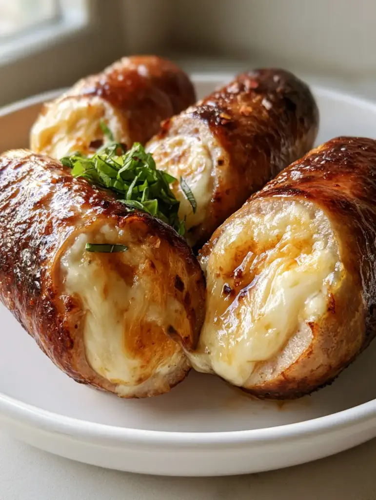 Stuffed Italian Sausage with Molten Mozzarella and Fresh Basil 1 Smartphone food photography of Stuffed Italian sausage garnished with red pepper flakes and fresh basil in soft morning light.