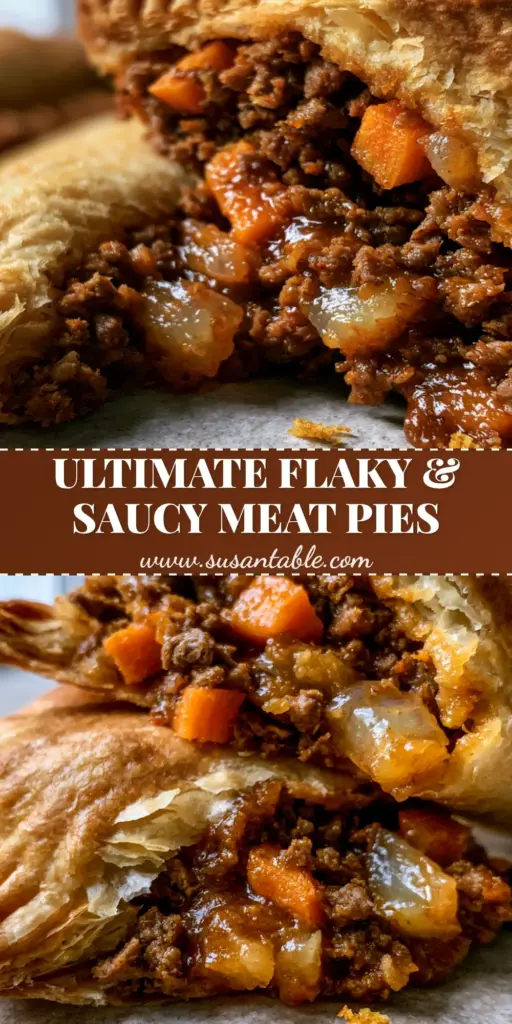 A close-up photo of a Nigerian meat pie broken in half, showing flaky golden pastry and a steaming beef and carrot filling with mahogany gravy. (Nigerian meat pie recipe)