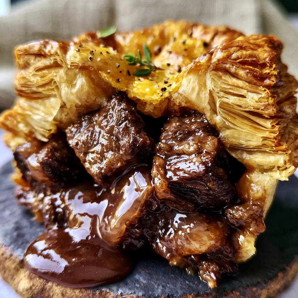 Close-up of the buttery, paper-thin layers of puff pastry on chunky beef meat pies.