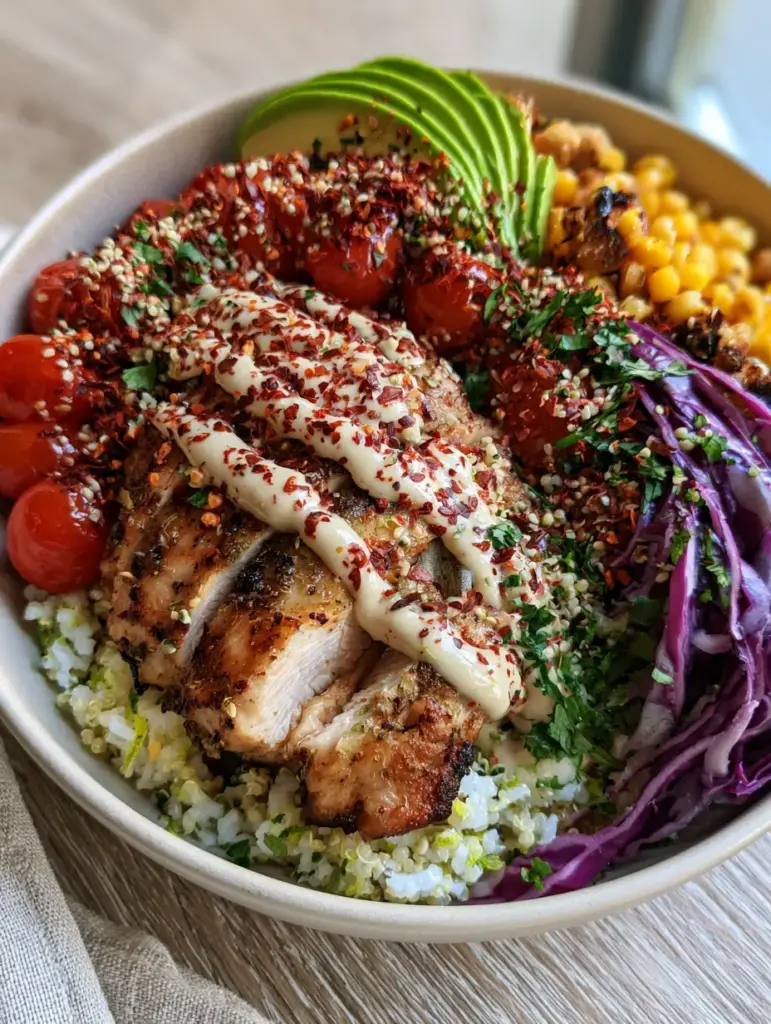 Healthy dinner ideas: The Ultimate Lemon-Herb Chicken and Tahini Grain Bowl 1 Close-up of golden seared chicken breast with visible grill marks and charred corn. (Healthy dinner ideas)