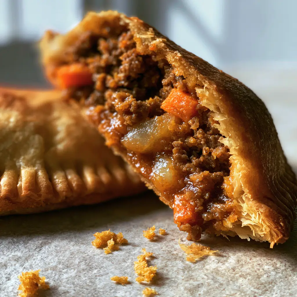 Interior view of a Nigerian meat pie showing minced beef, carrots, and potatoes in a mahogany-colored savory sauce.