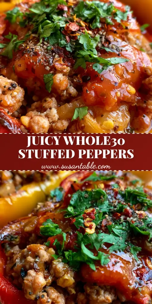 Close-up of vibrant red and yellow Whole30 stuffed peppers with a thick tomato glaze and fresh cilantro garnish on a light wood background.