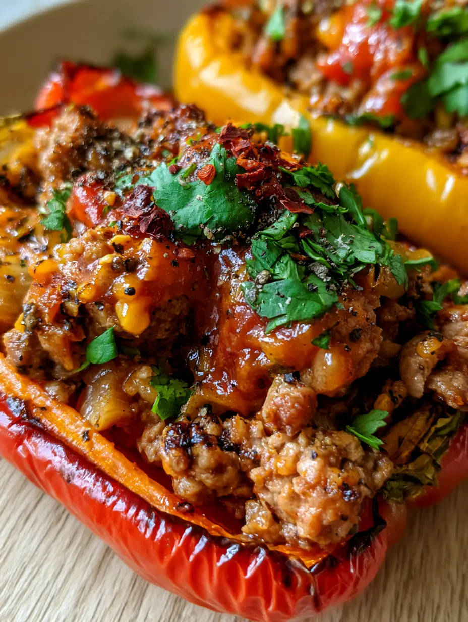 Extreme close-up of charred red and yellow bell peppers stuffed with ground turkey and onions. (Whole30 stuffed peppers)