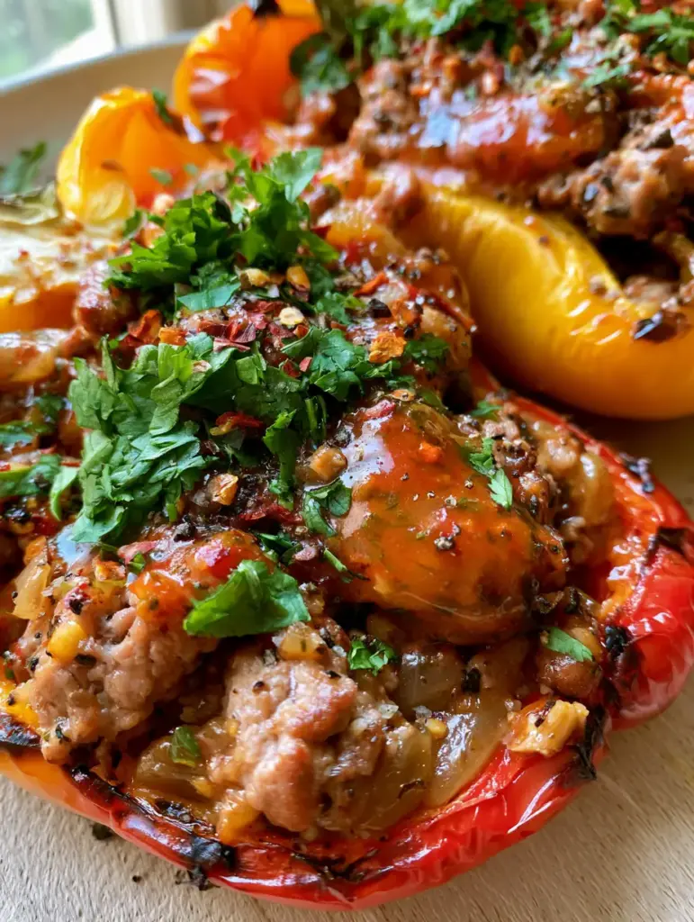 45-degree angle shot of glossy tomato herb glaze drizzled over Whole30 stuffed peppers.