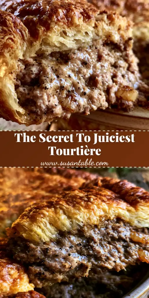 A steaming slice of authentic Tourtiere being lifted from a ceramic pie dish, showing the flaky golden crust and moist meat filling. (Tourtiere)