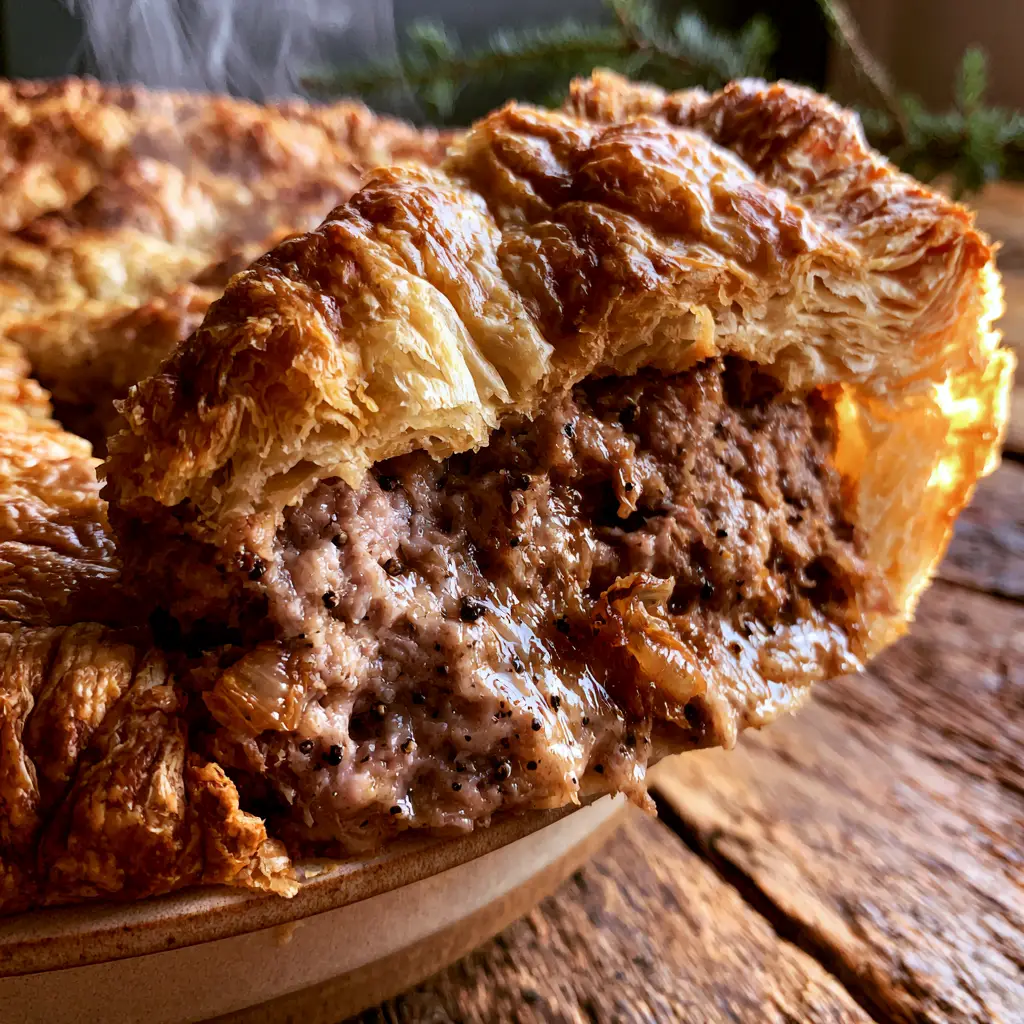 A close-up of the deep golden-brown crust of a French Canadian Tourtiere sitting on a rustic wood surface.