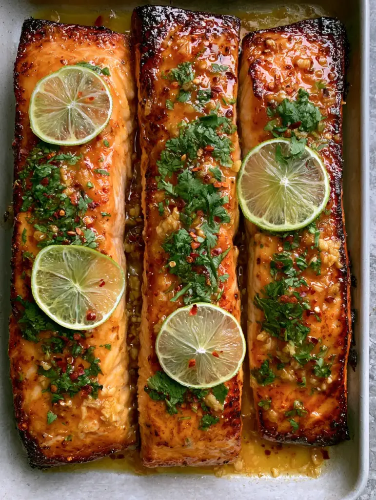 A handheld smartphone photo showing the glossy texture of Honey-Lime Garlic Butter Baked Salmon with fresh cilantro and lime slices.