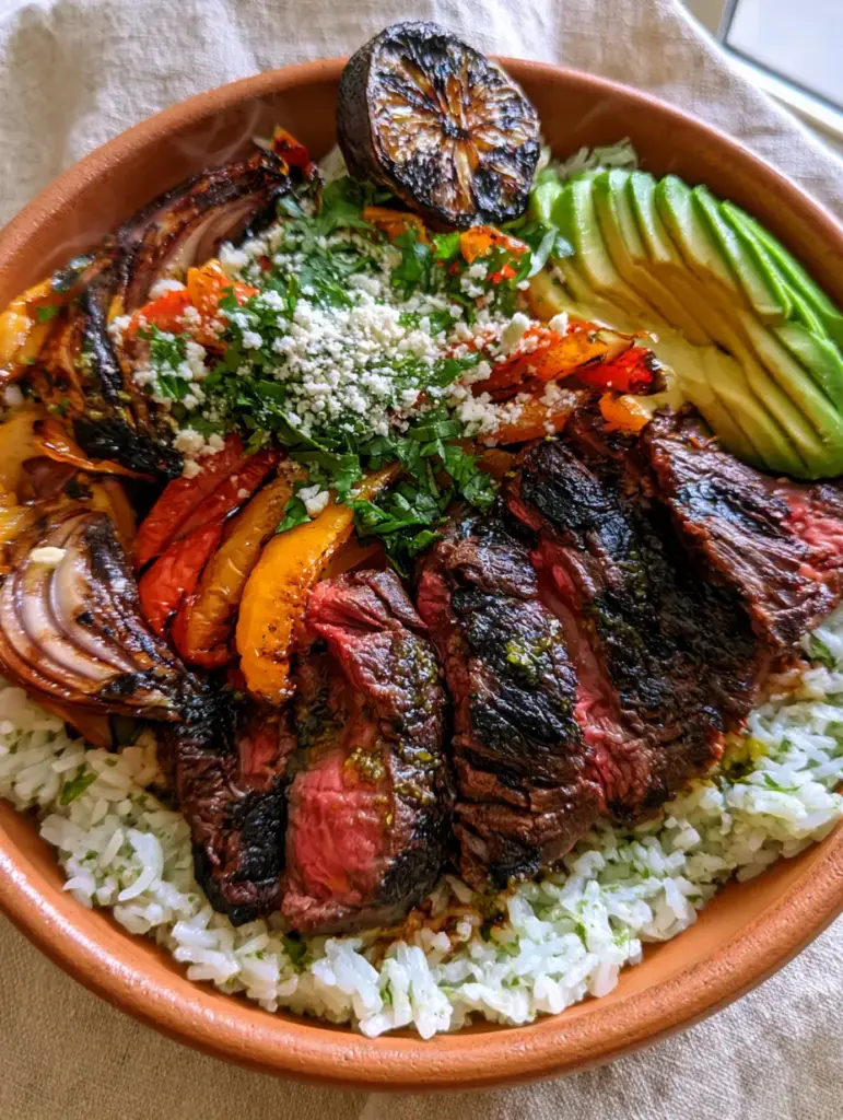 Rustic steak fajita bowl with fluffy cilantro lime rice and fresh avocado slices.