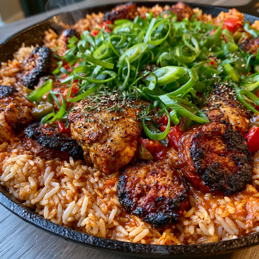 A steaming skillet of Jambalaya garnished with green onions, dried thyme, and cracked black pepper.