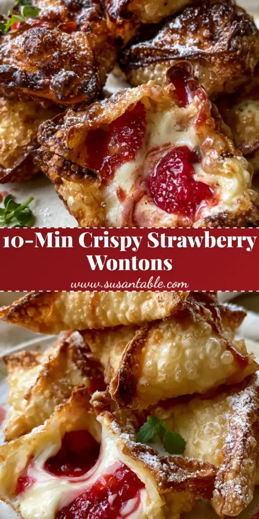 A stack of golden-brown air-fried strawberry cream cheese wontons on a rustic white plate with a glossy strawberry drizzle and mint garnish.