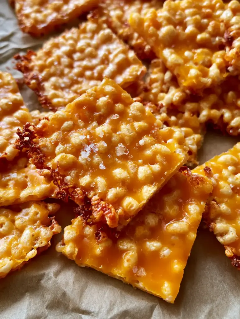 Rice Krispie Cheddar Crackers: The Ultimate Crunchy Lacy Cheese Snack 2 Macro close-up of Rice Krispie Cheddar Crackers with visible internal airiness and a dusting of sea salt crystals. (Rice Krispie Cheddar Crackers)