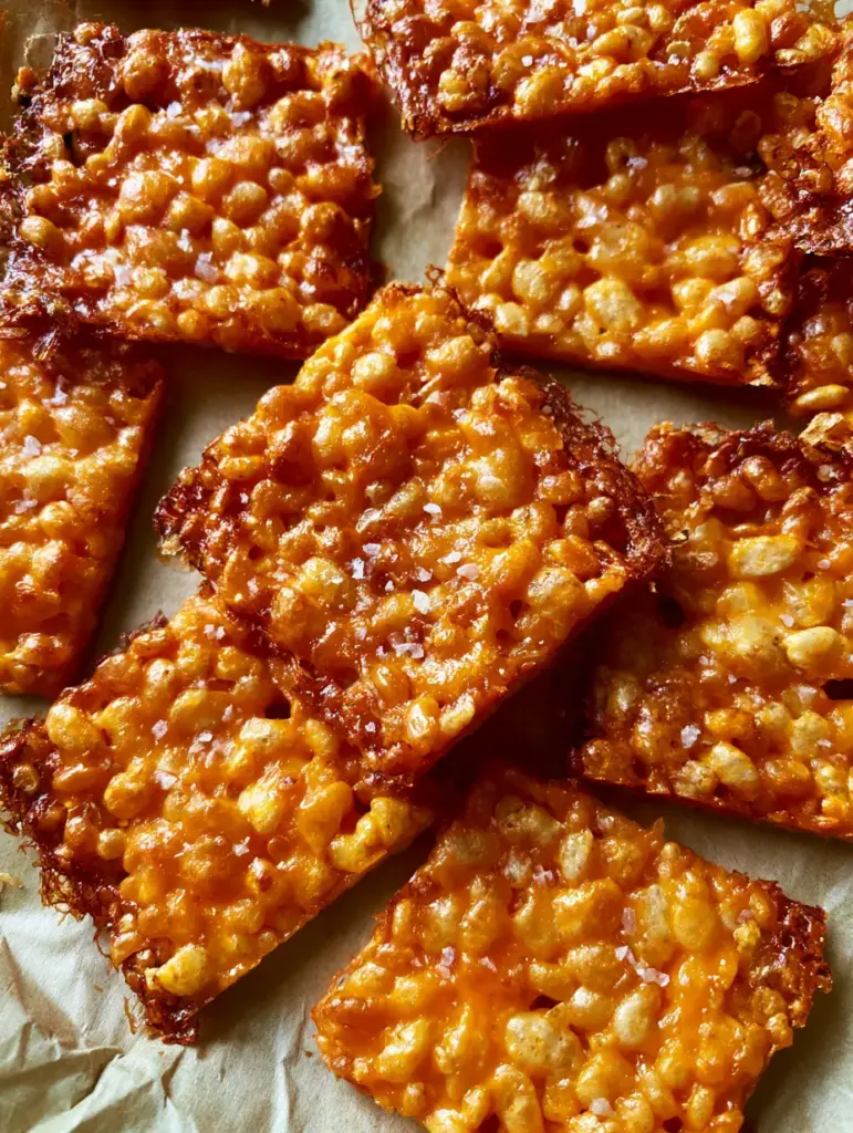 Rice Krispie Cheddar Crackers: The Ultimate Crunchy Lacy Cheese Snack 1 Overlapping rustic square-cut Rice Krispie Cheddar Crackers on parchment paper emphasizing the bumpy topography.