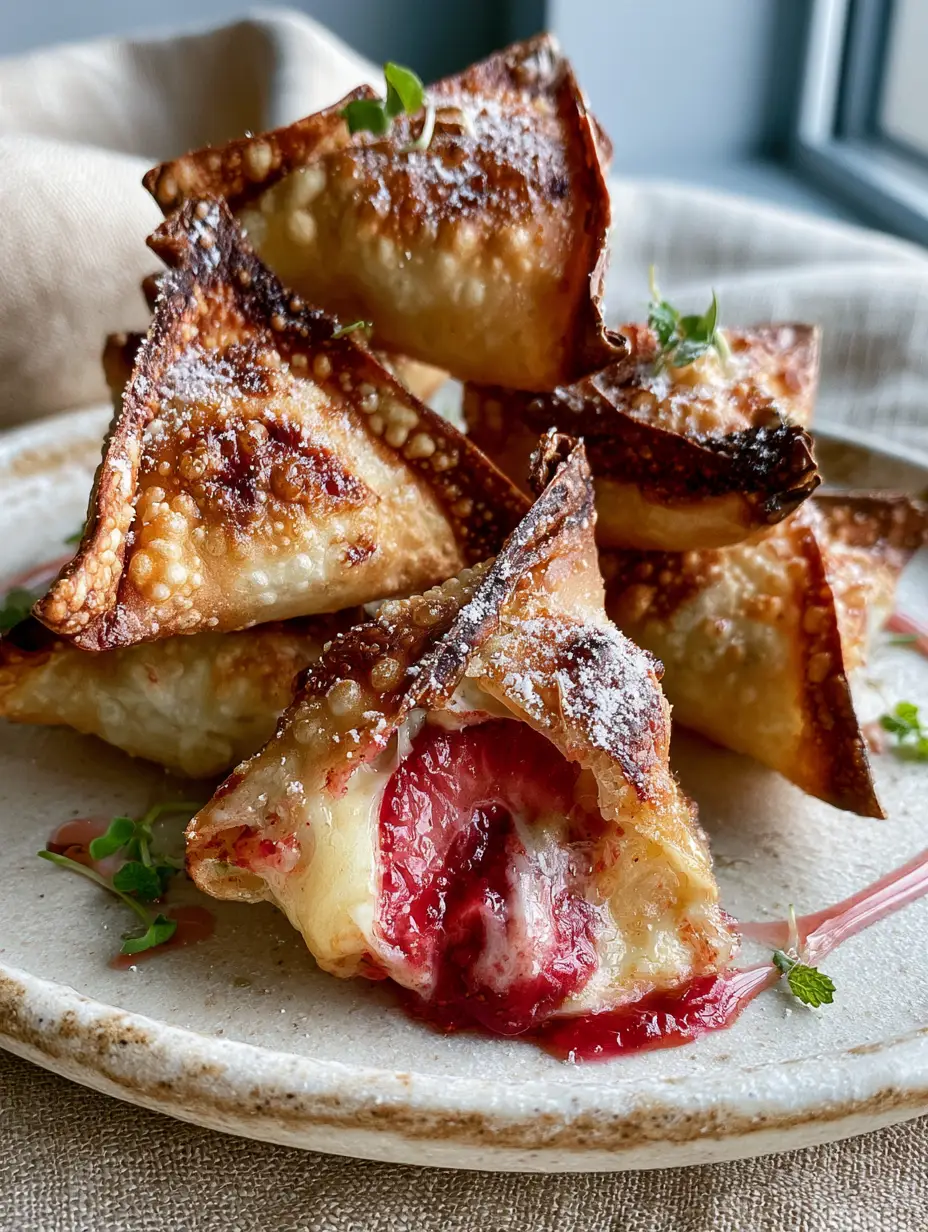 Close-up of a torn-open strawberry cream cheese wonton showing a gooey melted center and ruby-red compote swirl.
