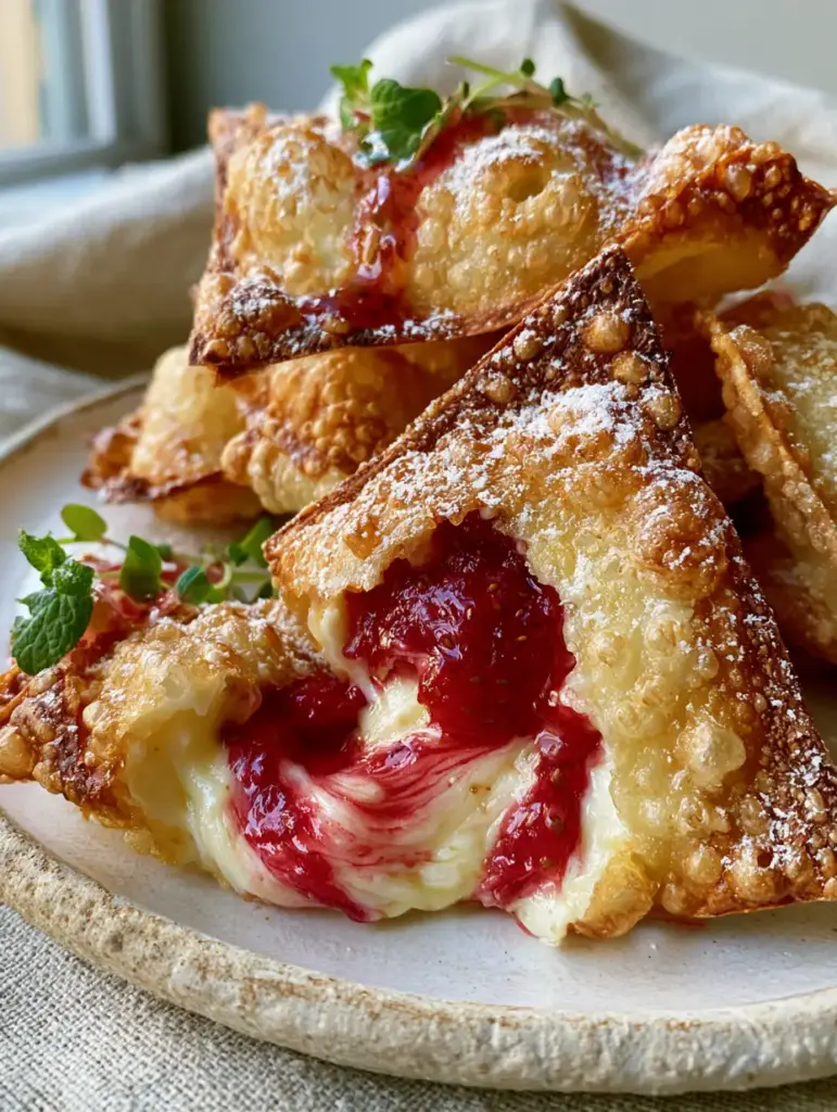 Blistered and bubbly wonton skins dusted with powdered sugar and fresh micro-mint leaves.