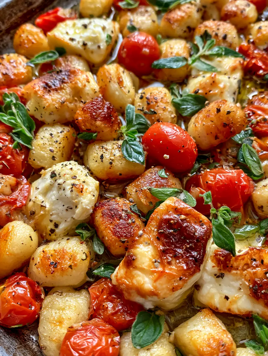 Macro shot showing the toasted, crunchy edges of roasted gnocchi and burst juices from red cherry tomatoes on a dark metal pan. (Greek Sheet Pan Gnocchi)
