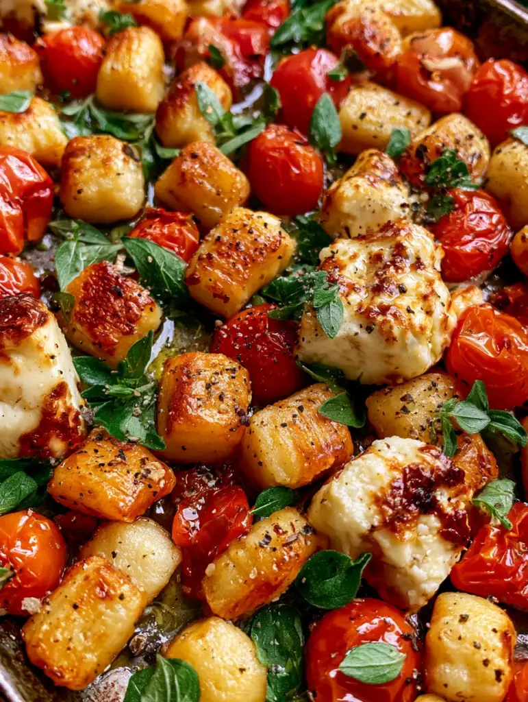 Close-up of rustic chunks of feta cheese with caramelized brown charred spots nestled among gnocchi and fresh oregano leaves.