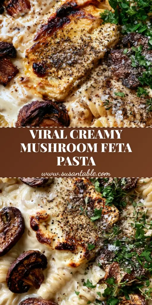 Baked Feta Pasta with Mushrooms: A Creamy, Earthy Twist on a Viral Classic 3 A rustic ceramic dish of Baked Feta Pasta with Mushrooms featuring charred feta, golden cremini mushrooms, and rotini pasta.