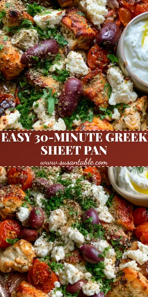 Greek chicken recipes: The Ultimate Sheet Pan Mediterranean Feast 4 A rustic metal sheet pan filled with seared golden-brown chicken, blistered tomatoes, and feta cheese. (Greek chicken recipes)
