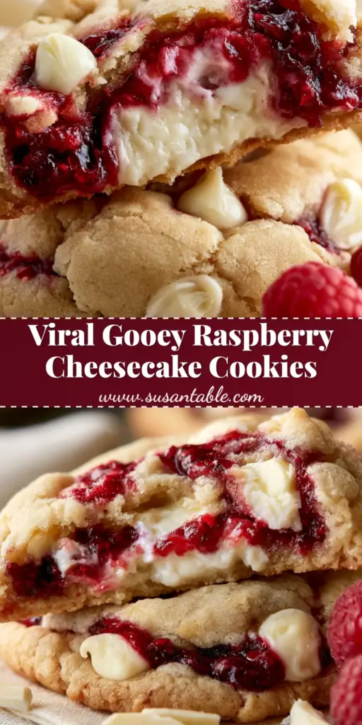A stack of white chocolate raspberry cheesecake cookies with visible raspberry swirls and white chocolate chips on a linen napkin. (white chocolate raspberry cheesecake cookies)