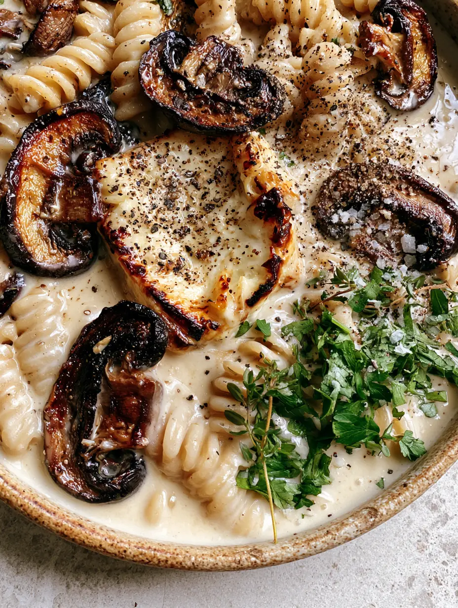 Baked Feta Pasta with Mushrooms: A Creamy, Earthy Twist on a Viral Classic 4 Overhead shot of Baked Feta Pasta with Mushrooms, showing the glossy white sauce and herb garnish.
