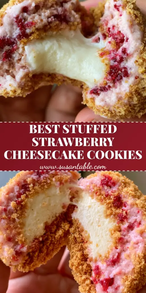 A handheld photo showing a strawberry cheesecake cookie broken in half to reveal a thick white cream cheese filling and a pink strawberry dough coated in graham cracker crumbs.