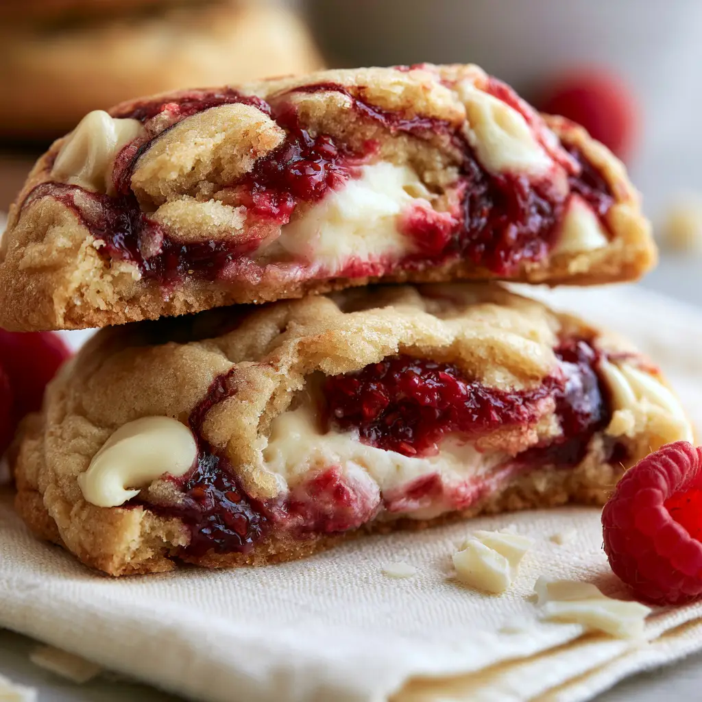 Close-up of white chocolate raspberry cheesecake cookies with golden cracks, melted chips, and fresh raspberries. (white chocolate raspberry cheesecake cookies)