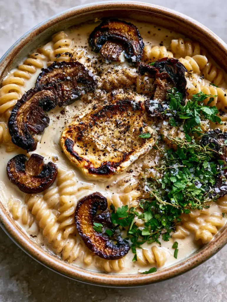 Baked Feta Pasta with Mushrooms: A Creamy, Earthy Twist on a Viral Classic 1 Close-up of charred feta and seared mushrooms in a rustic cream ceramic dish for the Baked Feta Pasta with Mushrooms recipe.