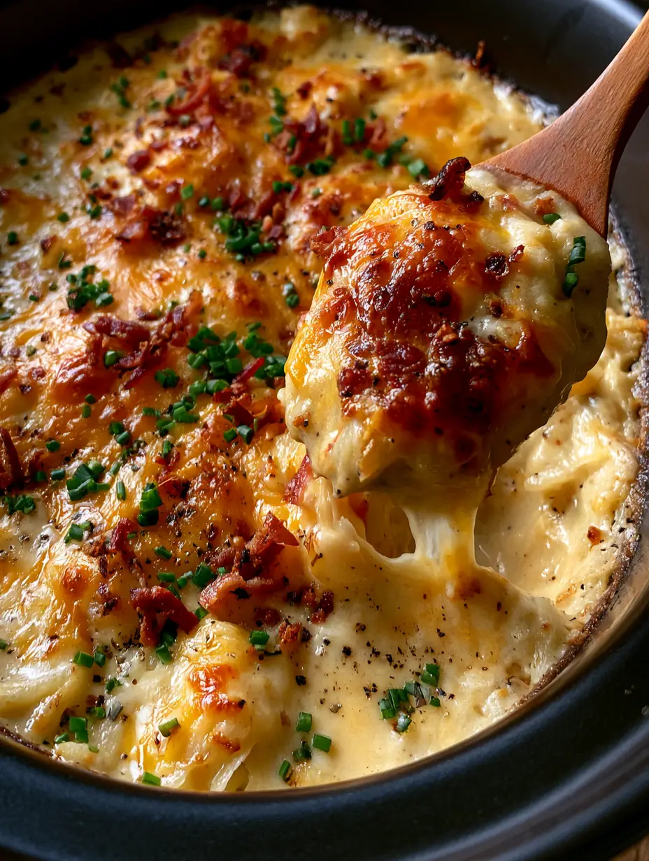 Top-down angled macro shot of Kentucky Crockpot Potatoes showing bubbling golden cheese, bacon crumbles, and cracked black pepper.