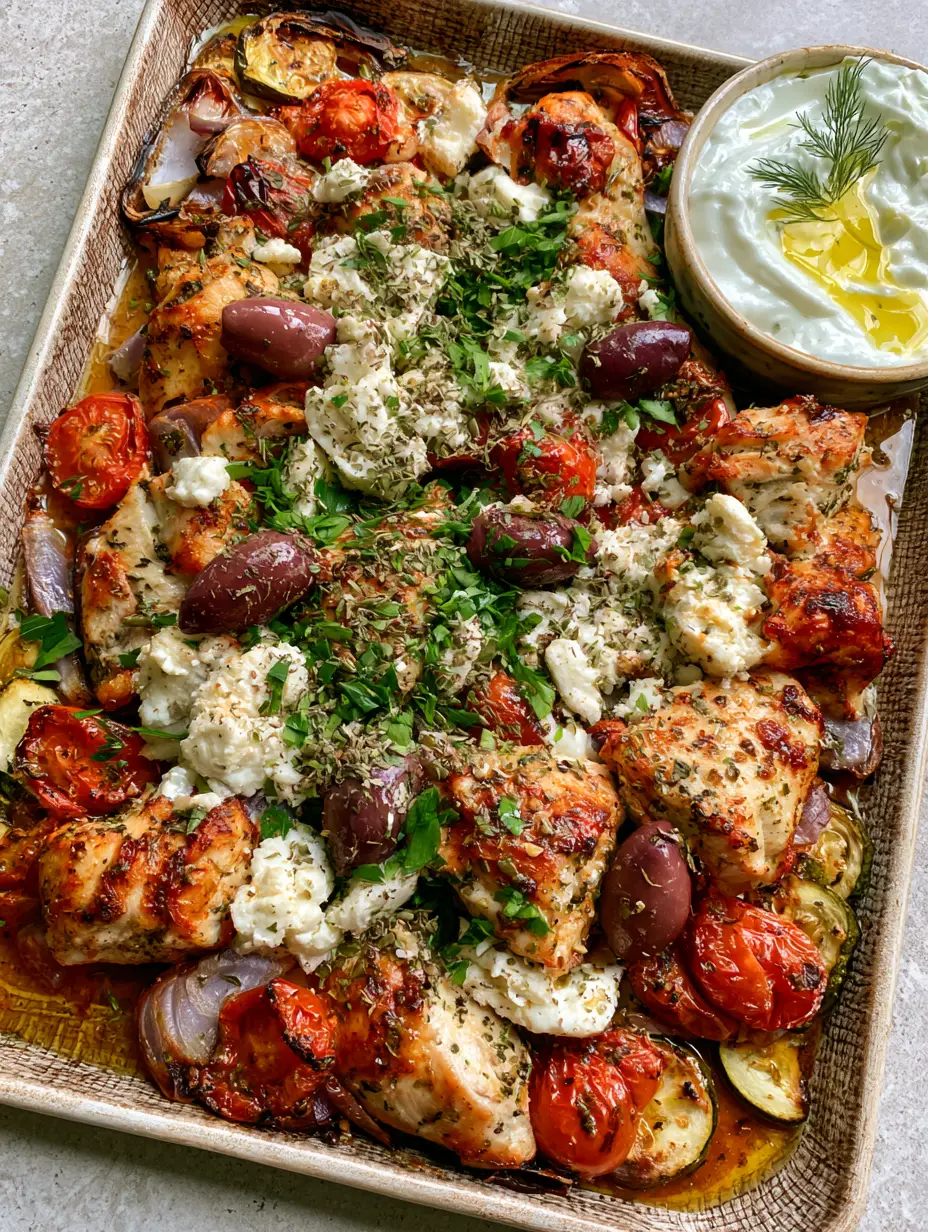 Greek chicken recipes: The Ultimate Sheet Pan Mediterranean Feast 3 Top-down view of charred chicken breast and roasted zucchini on a metal pan. (Greek chicken recipes)
